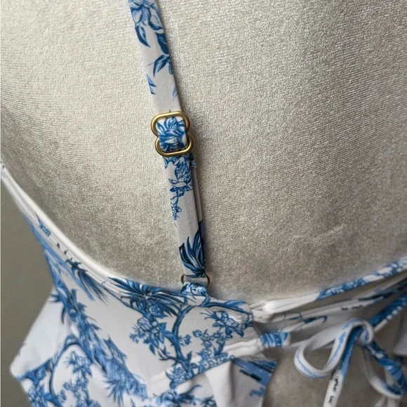 Lands’ End Blue White Toile Cutout One Piece Swimsuit Tie Front XS 2-4 - Picture 8 of 10
